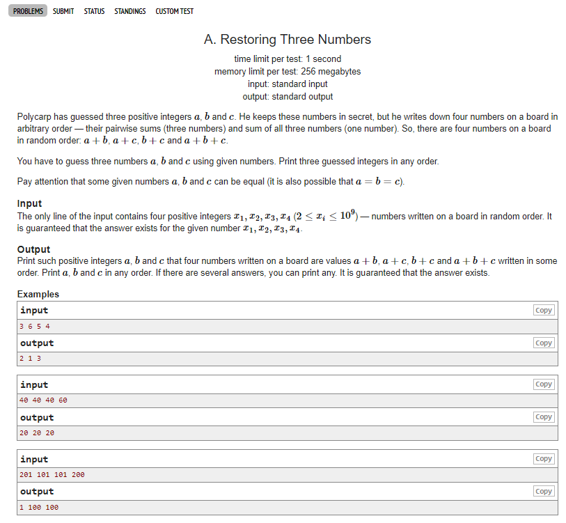  [Codeforces]  1154A - Restoring Three Numbers
