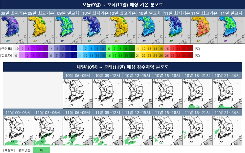 오늘~모레 예상 기온 및 내일~모레 예상 강수지역