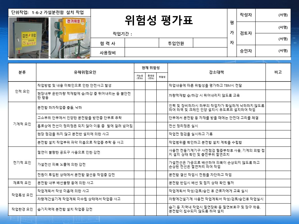  [건설공사 안전비법]_가설분전함 설치작업 위험성평가표