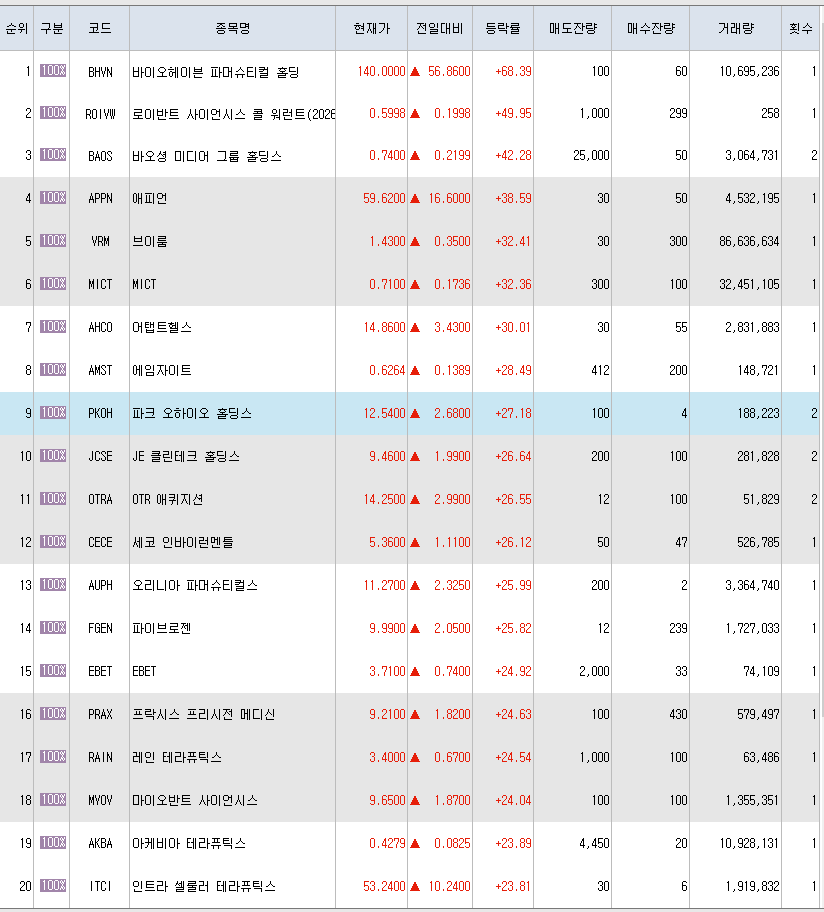  5월10일 미국주식 상승률 상위 종목 TOP 300