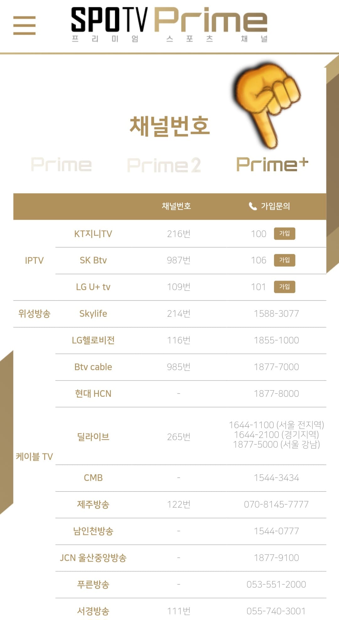 SPOTV-Prime+(플러스)-편성표-및-채널번호-안내-채널번호를-클릭하면-채널-번호-창이-나타나는데-IPTV,-위성방송,-케이블TV에-따라-채널-번호가-다르니,-번호를-확인하신 후-시청하시기-바랍니다.