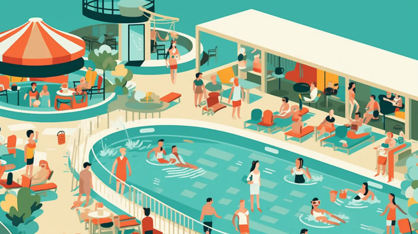 A bustling public swimming pool on a sunny day with children&#44; adults&#44; lifeguards&#44; and a small poolside cafe.