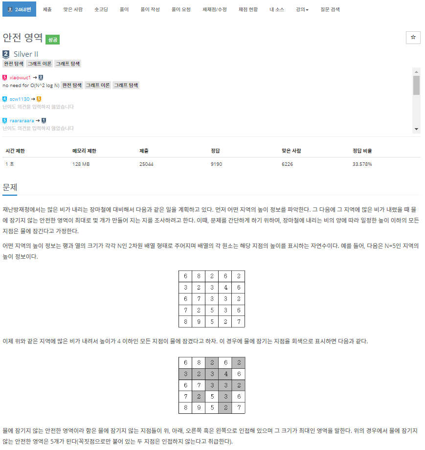  [백준]  2468번: 안전 영역(완전탐색, 그래프)