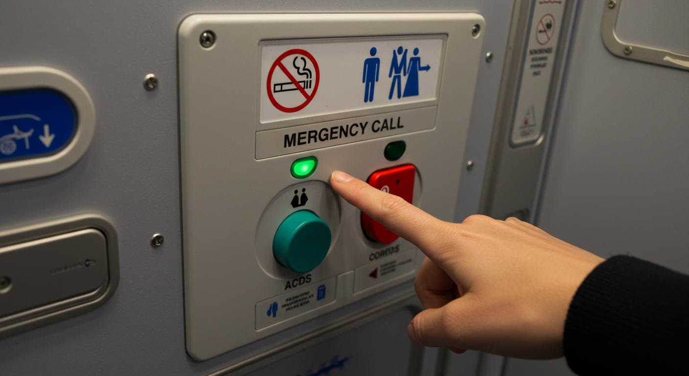 (Image Prompt: Close-up shot inside an airplane lavatory showing a hand pointing towards the emergency call button, distinct from other buttons. A 'No Smoking' symbol is also visible nearby. Style: Clear, instructional photo.)