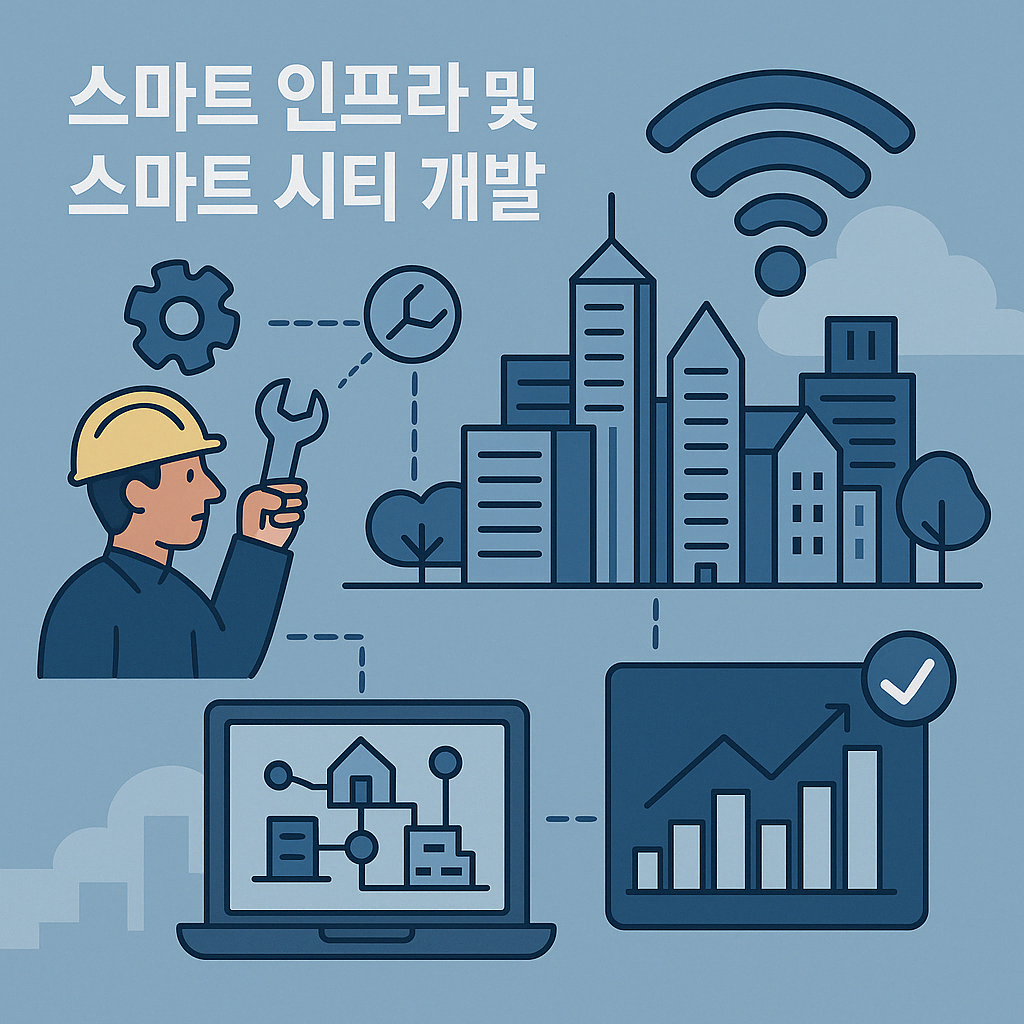 스마트 농업 기술을 주제로 한 평면 스타일 디지털 일러스트. 드론이 농장을 정밀 분석하고, 온실 내부에서는 자동화 설비와 센서가 작물 생육을 제어하며, 농민이 태블릿을 통해 원격으로 데이터를 모니터링하는 모습이 묘사됨. 클라우드, 위성, IoT 기기 등 다양한 첨단 기술 요소가 통합된 농업 환경을 상징적으로 표현함.