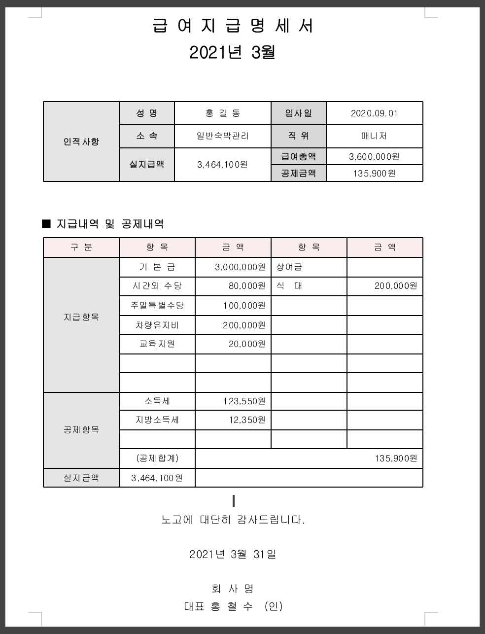  급여명세서 양식 다운(hwp) 실제 기관 제출용 및 소득세 계산식