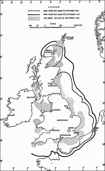 1939년 9월 및 1940년 9월 레이더 커버 영역