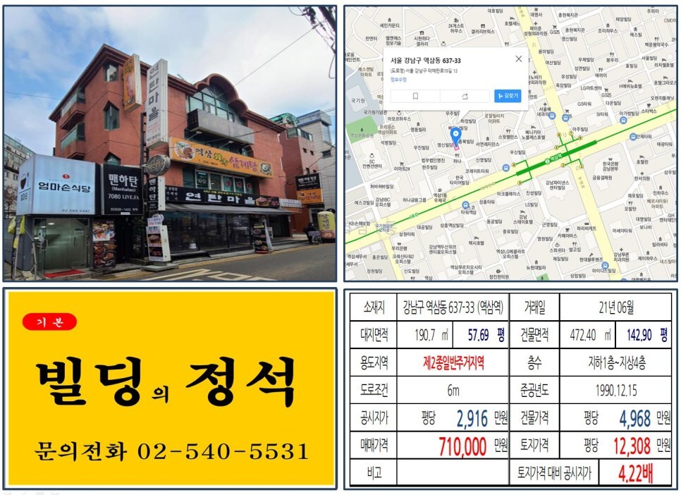  [강남구 테헤란로 70억 올근생 꼬마빌딩 실거래가 조회] 역삼동 637-33 (역삼역) 71억 원, 평당 1억 2,308만 원 매매되었습니다.