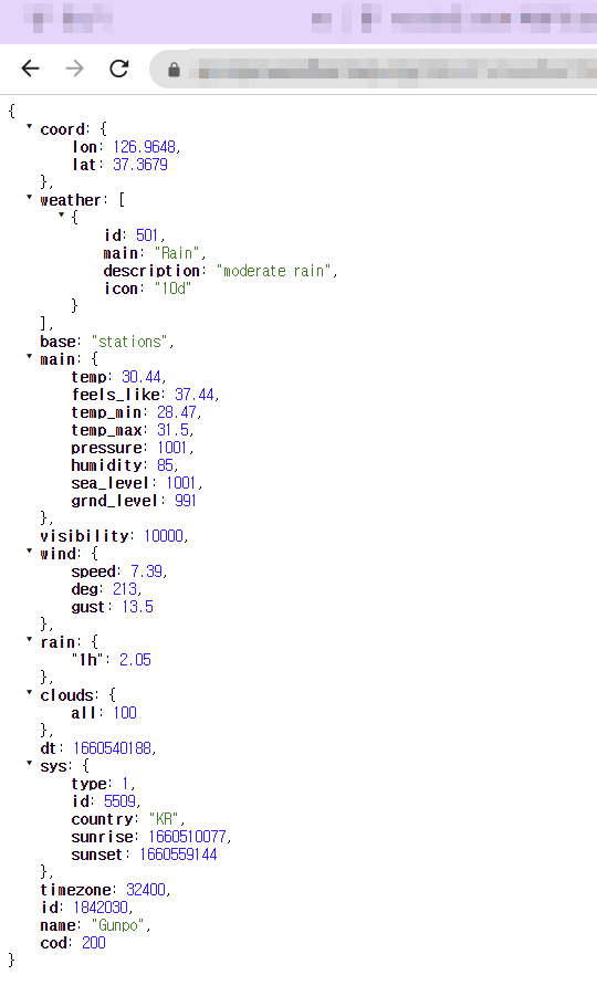 확장프로그램(JSONview) 설치 후 JSON 출력 모습