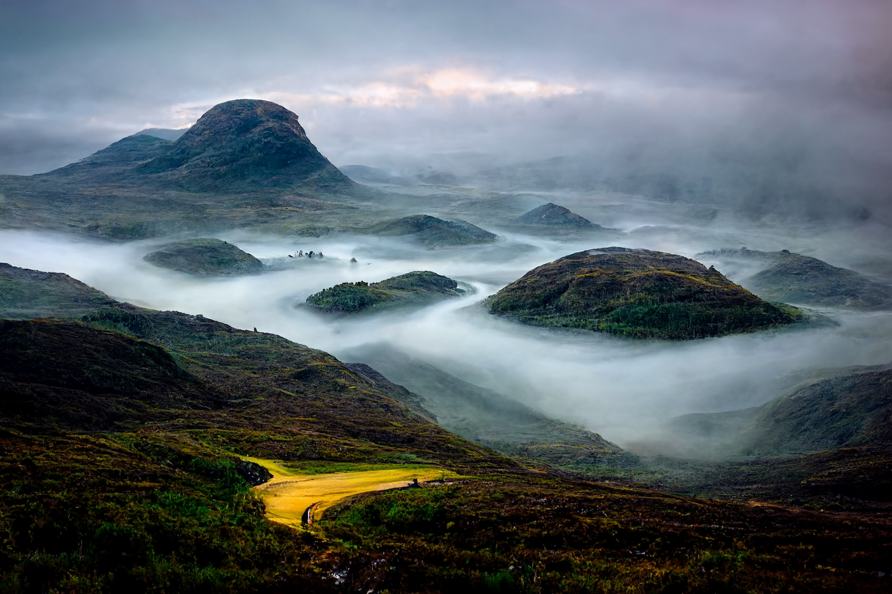 /imagine prompt: hills of the scotland highlands&amp;#44; misty fog&amp;#44; Canon RF 16mm f:2.8 STM Lens&amp;#44; award winning photography&amp;#44; by national geographic and upsplash --ar 3:2 --seed 1 --v 3 --s 625