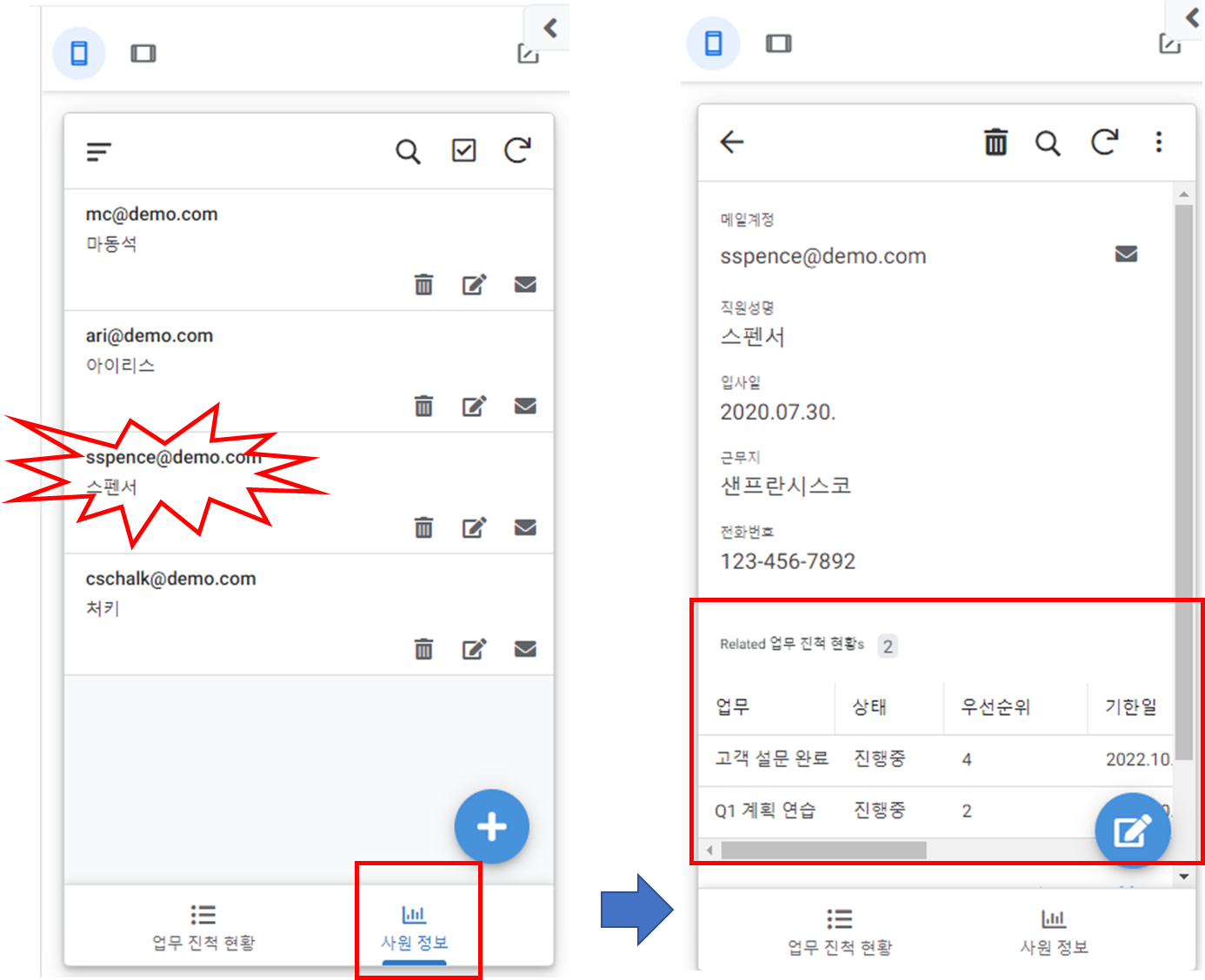 새로 생성된 "사원 정보" View 에서 "스펜서"를 클릭하고 전환된 화면 아래 보이는 스펜서로 지정된 업무 진척 현황