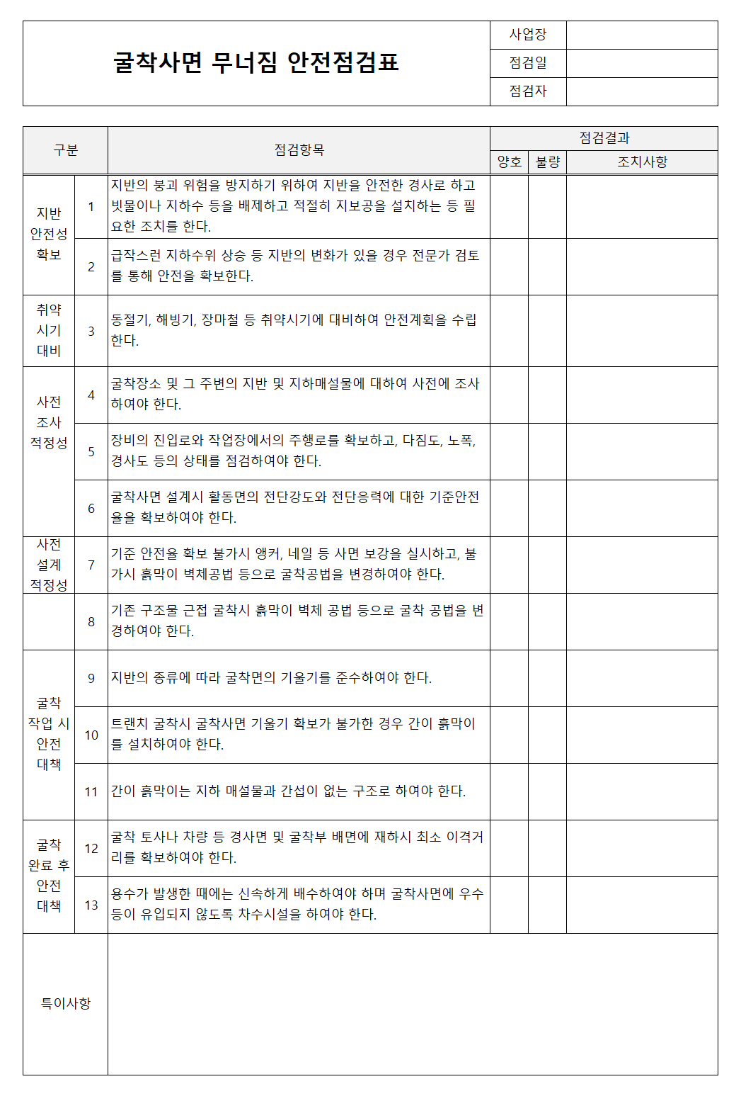 굴착사면 무너짐 안전점검표