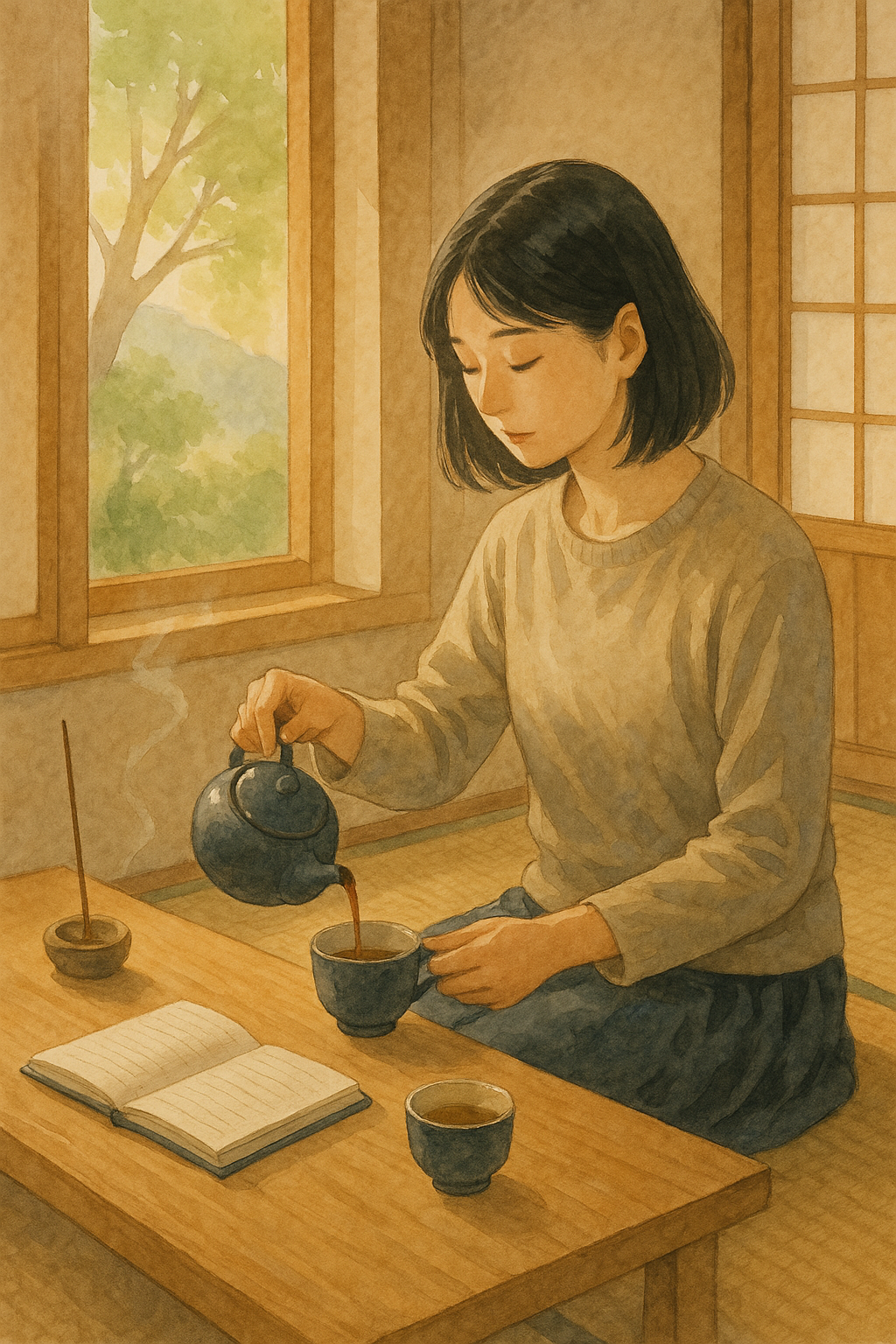 조용한 일본식 공간에서 차를 마시며 감정을 정리하는 정서적 루틴의 순간