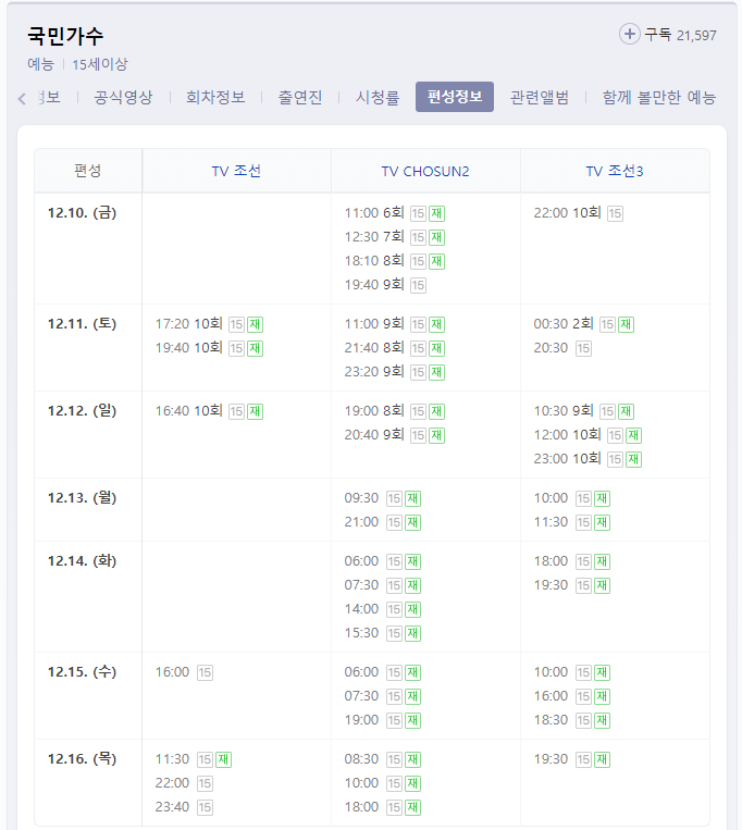 국민가수-TV-조선-채널별-편성표