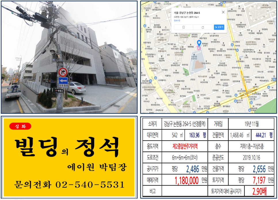  [강남구 논현동 신축 오피스빌딩 실거래가 조회] 논현동 264-5 (선정릉역) 118억 원, 평당 7,197만 원, 언주로, 선릉로 이면 삼면코너빌딩, 역세권 신축빌딩