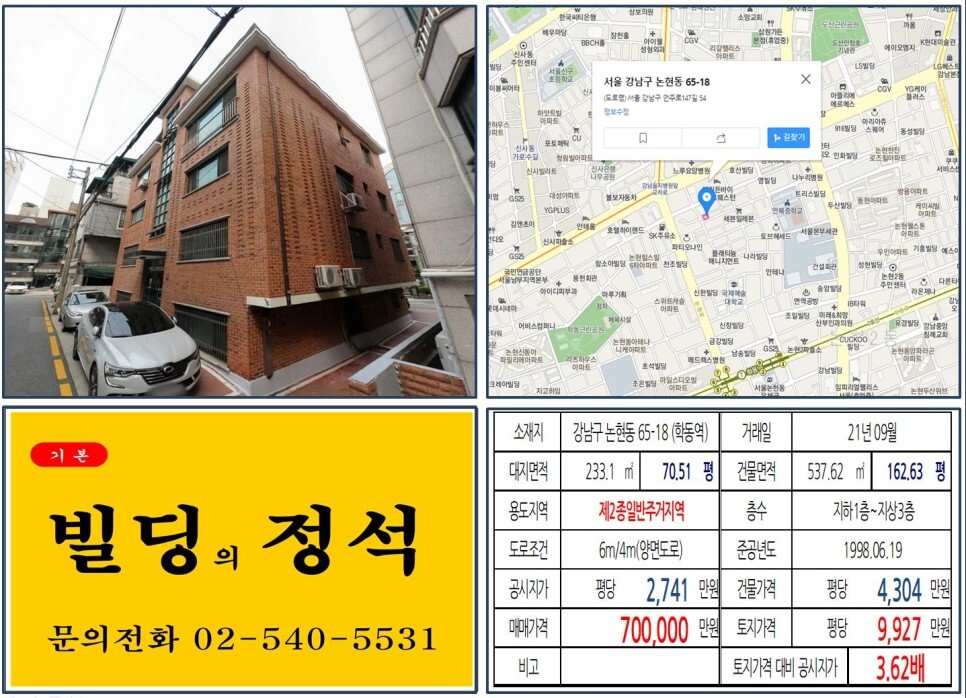  [강남구 도산대로 70억 꼬마빌딩 실거래가 조회] 논현동 65-18 (학동역) 70억 원, 평당 9,927만 원 매매되었습니다.