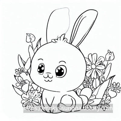 꽃 밭에 앉아 있는 토끼 색칠 도안. rabit coloring paper.