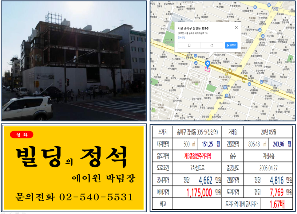  [송파구 역출구 앞 대로변 신축부지 실거래가 조회] 잠실동 335-5 (삼전역) 117.5억 원, 평당 7,769만 원, 9호선 삼전역 7차선 대로변 백제고분로 역출구 신축부지