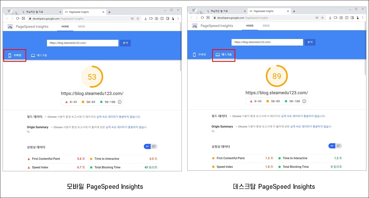 구글-설치콘솔-PageSpeed-Insights-점수-화면