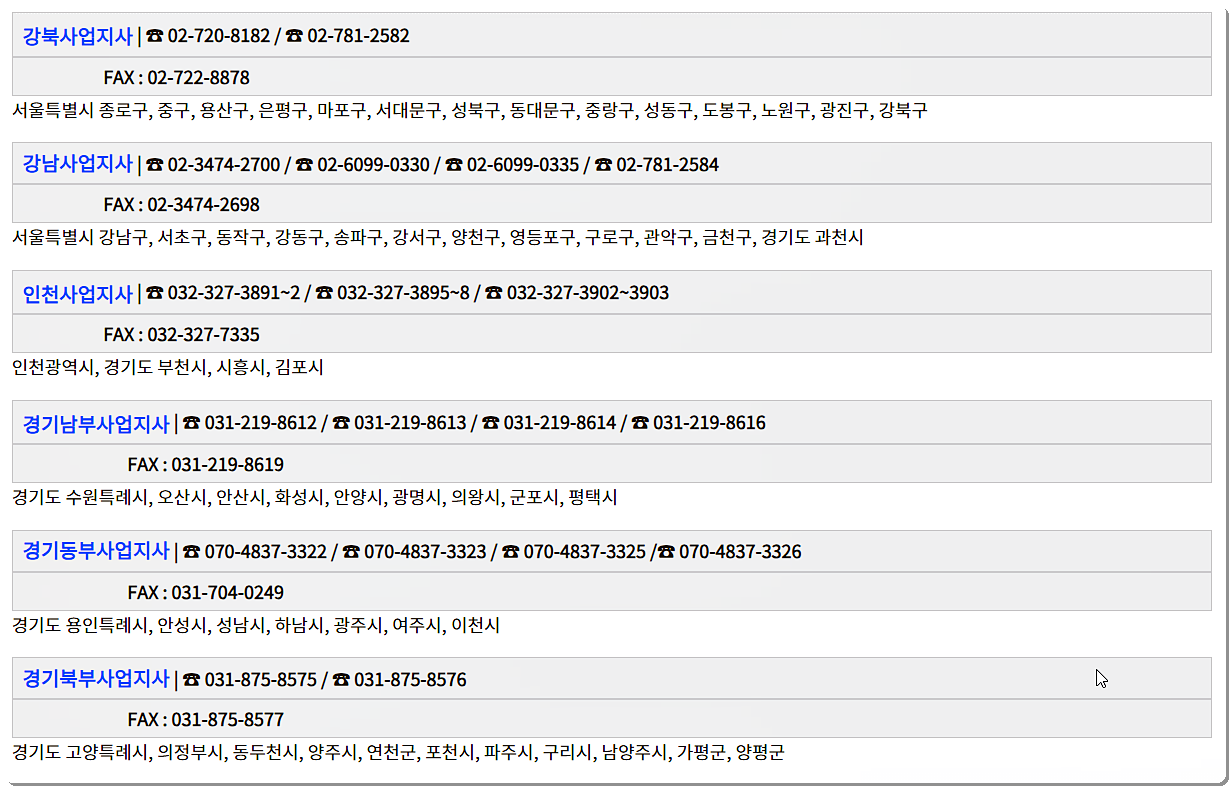 지역별 사업지사 연락처