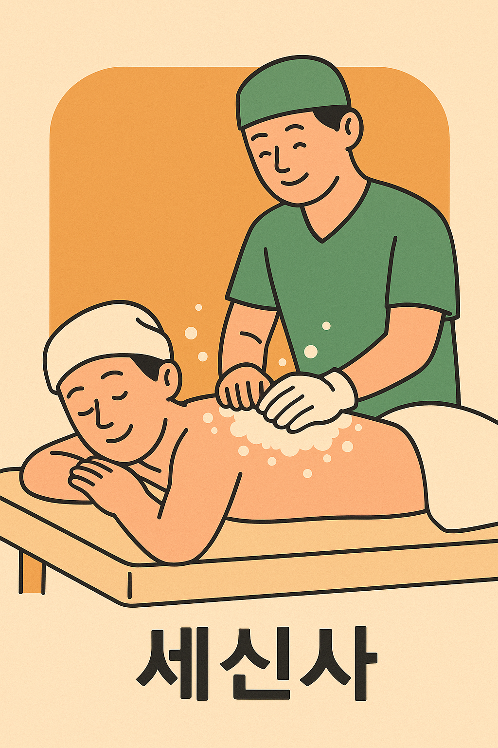 세신사와 세신 받은 사람이 만족스럽게 웃고 있다.