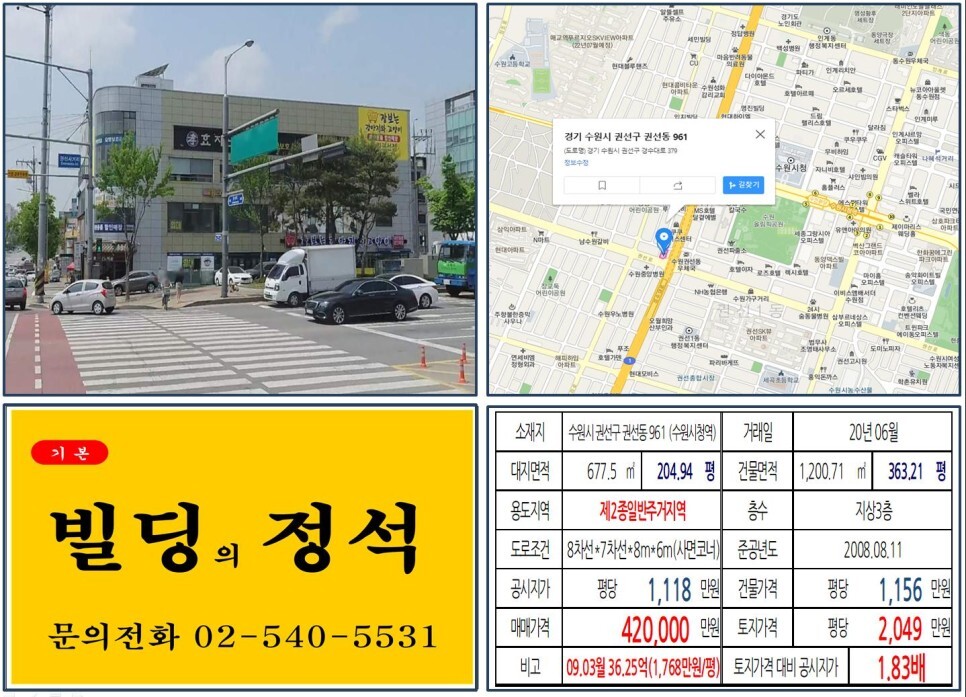  [수원시 대로변 40억 올근생 꼬마빌딩 실거래가 조회] 권선동 961 (수원시청역) 42억 원, 평당 2,049만 원 매매되었습니다. 권선6구역 재개발, 매교역푸르지오뷰 아파트