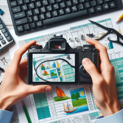 "카메라로 사진을 찍으며 작업하는 모습, 화면에 여행지 사진이 보임."