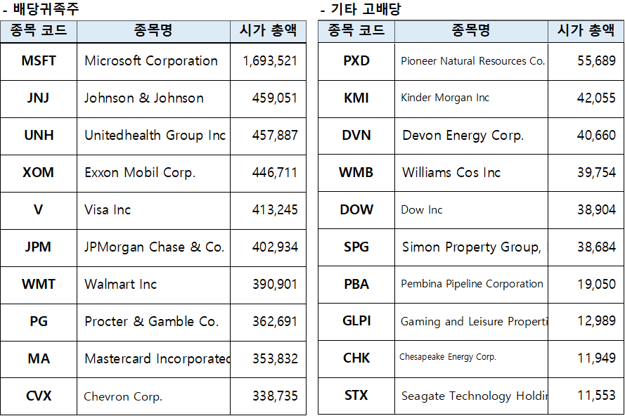 미국 배당주 시가 총액