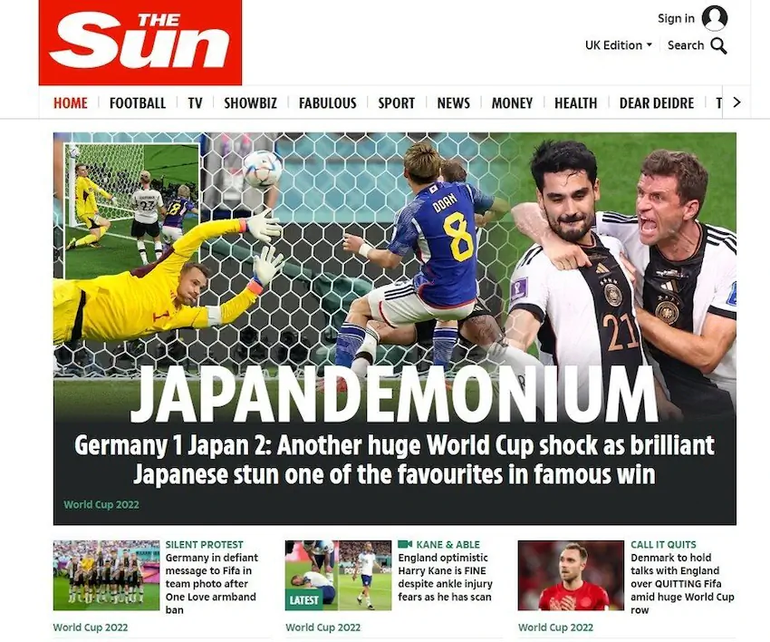 월드컵 일본 독일전 일본 승리 언론 더 선