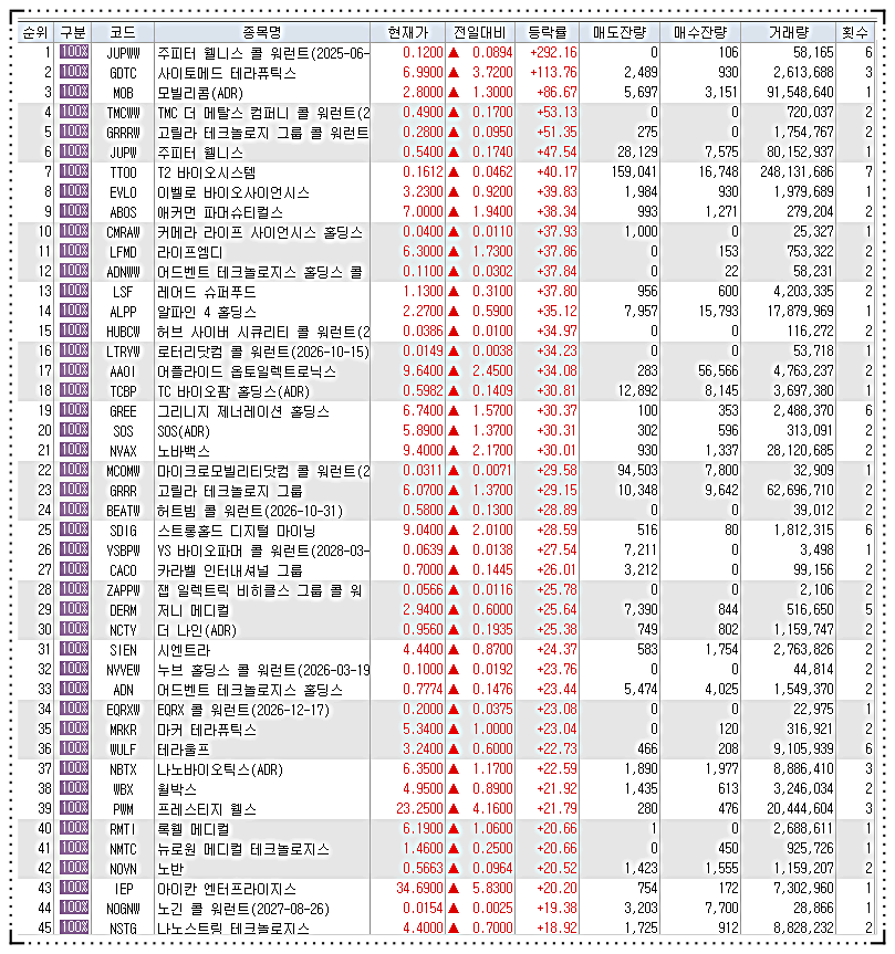  7월10일 미국주식 상승률 상위 종목 TOP 300