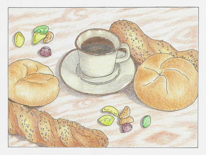 블랙 커피 주변에 빵과 여러가지 색상의 과일 젤리가 있는 완성작