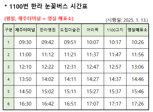 제주도겨울가볼만한곳-한라눈꽃버스시간표