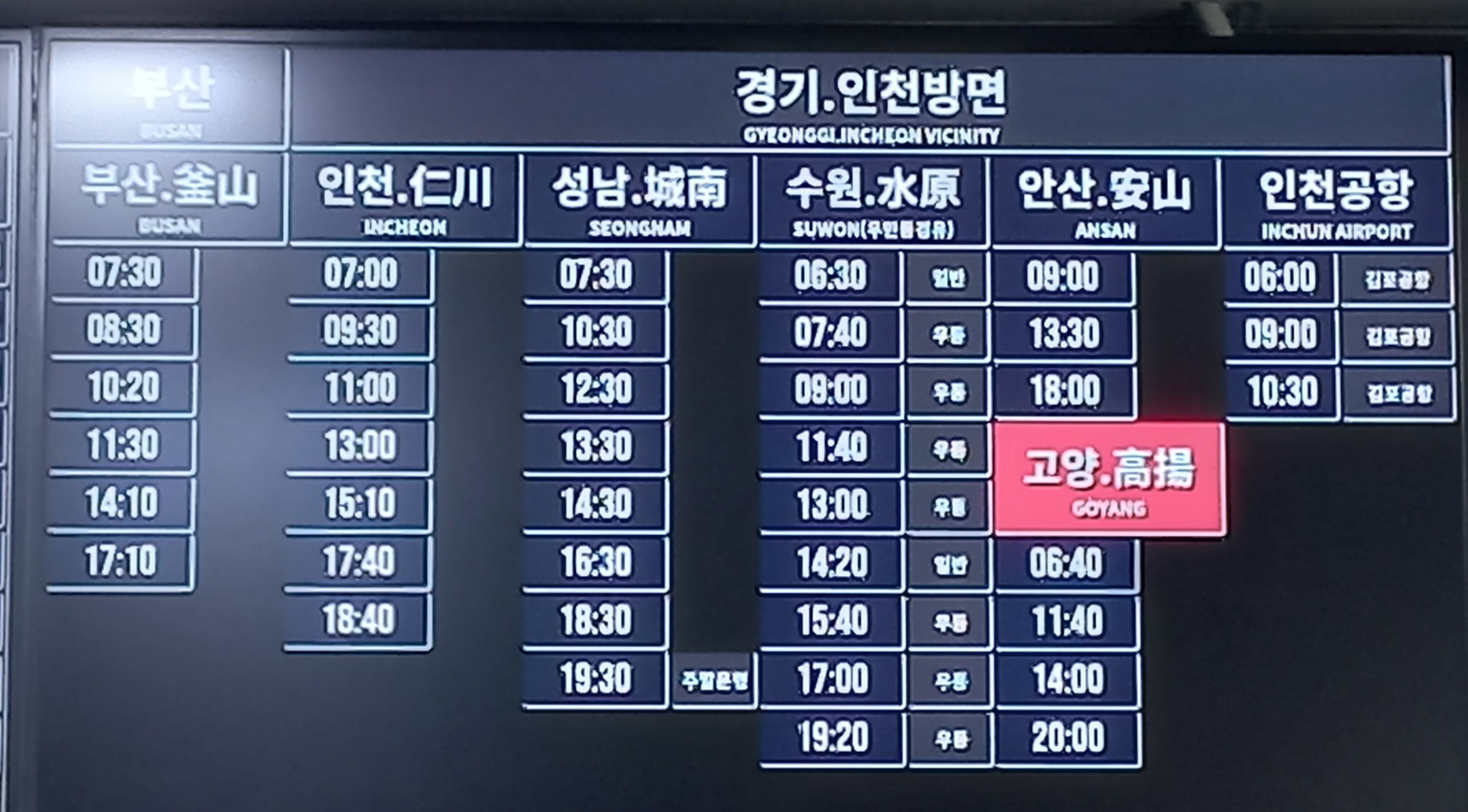 춘천시외버스터미널 부산 및 경기&#44; 인천 방면 시간표
