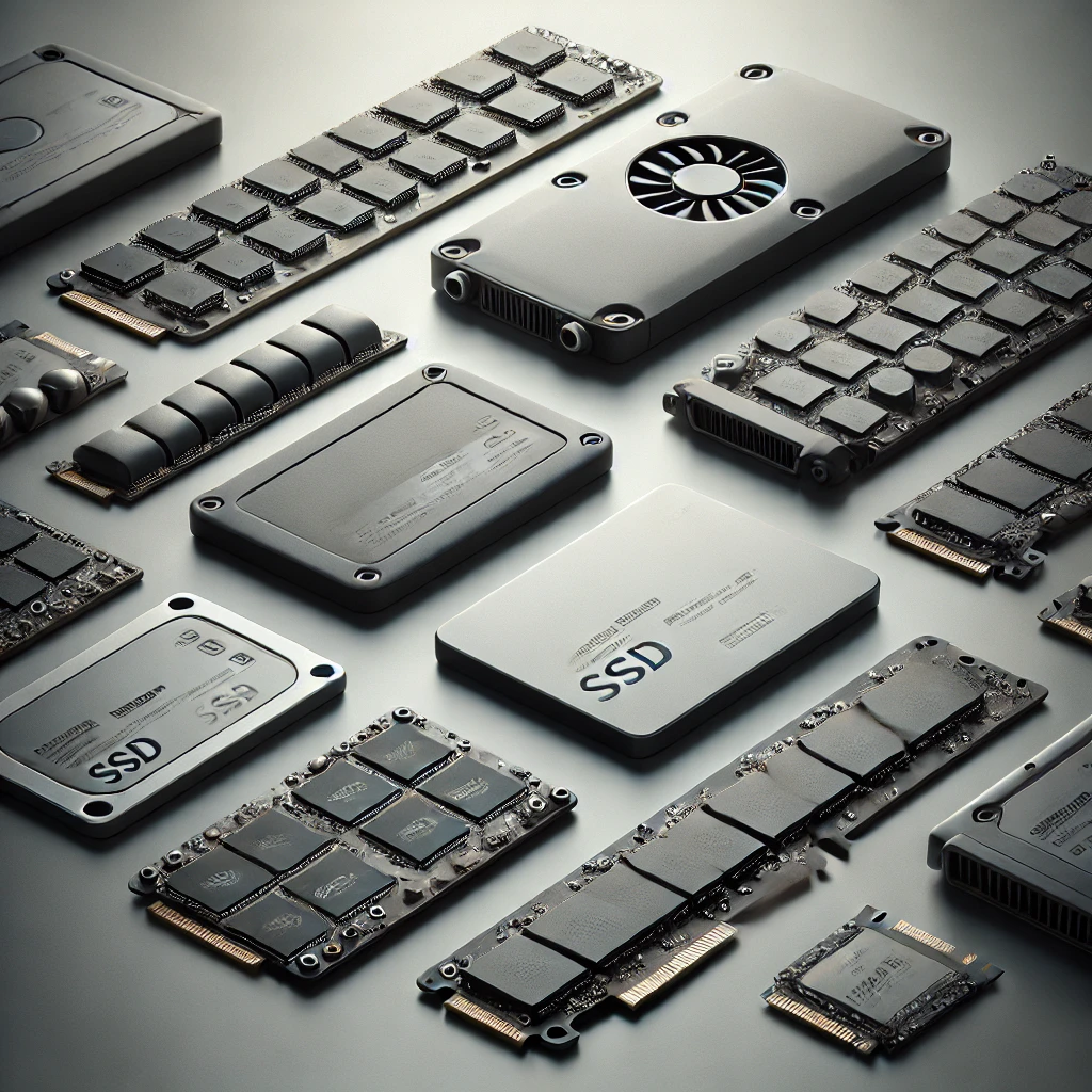 2.5인치 SATA SSD, M.2 SSD, PCIe NVMe SSD 등 다양한 종류의 SSD가 나란히 배열된 모습, 각기 다른 크기와 디자인을 강조하는 깔끔한 배경 위에 배치됨.