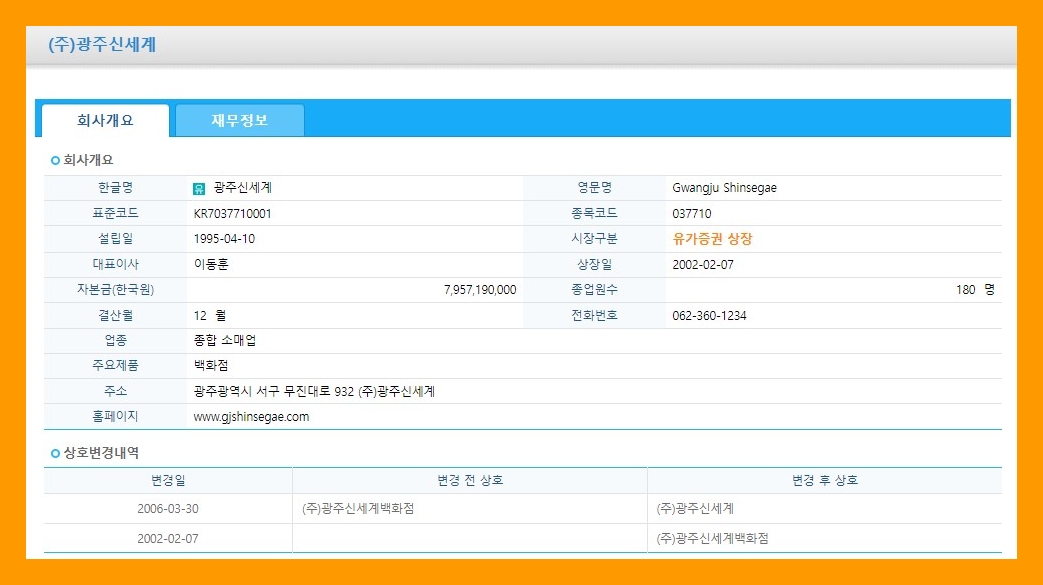 광주신세계 (037710) 주식 주가 거래소 공시 시세 영업(잠정)실적(공정공시)