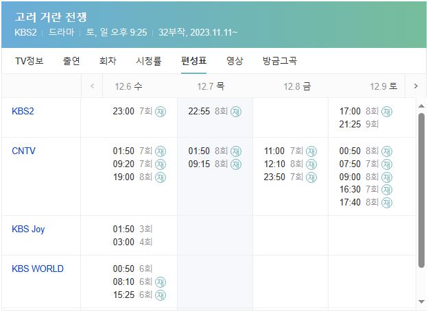 고려거란전쟁 실시간 재방송 편성표 (클릭하면 이동합니다)