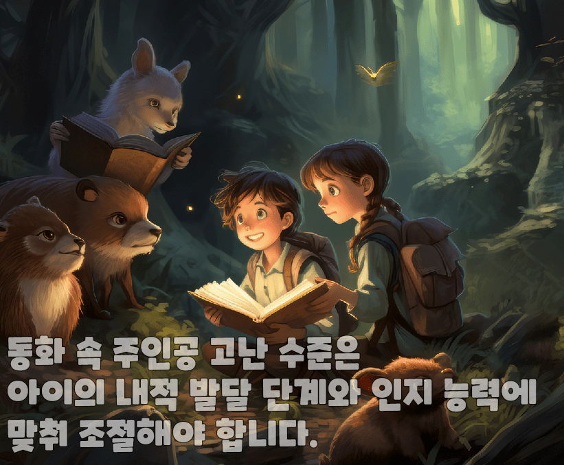 숲에서 동물들과 책을 읽고 있는 아이들 일러스트