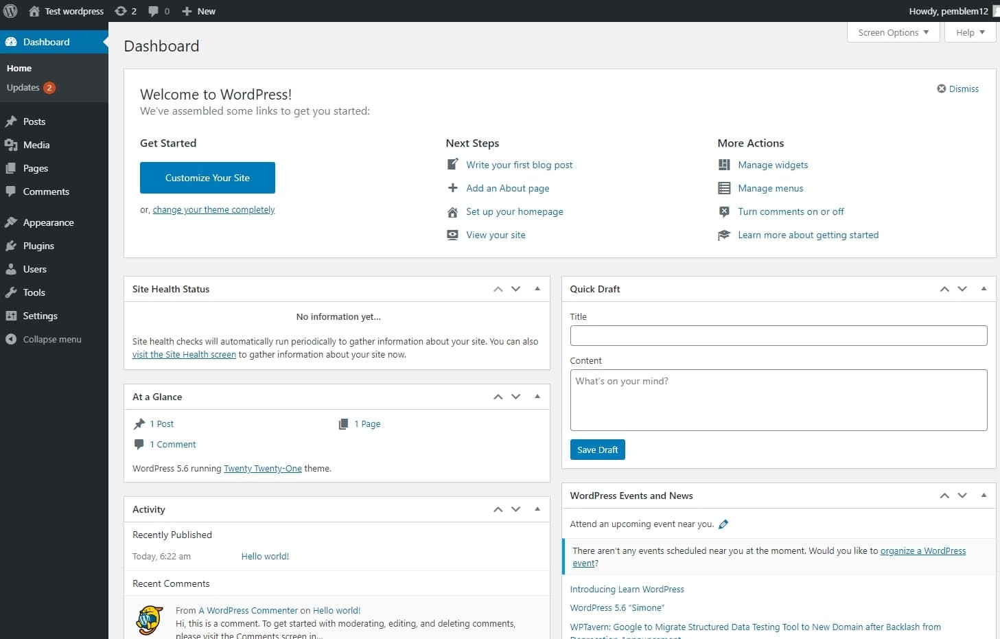 워드프레스 대시보드