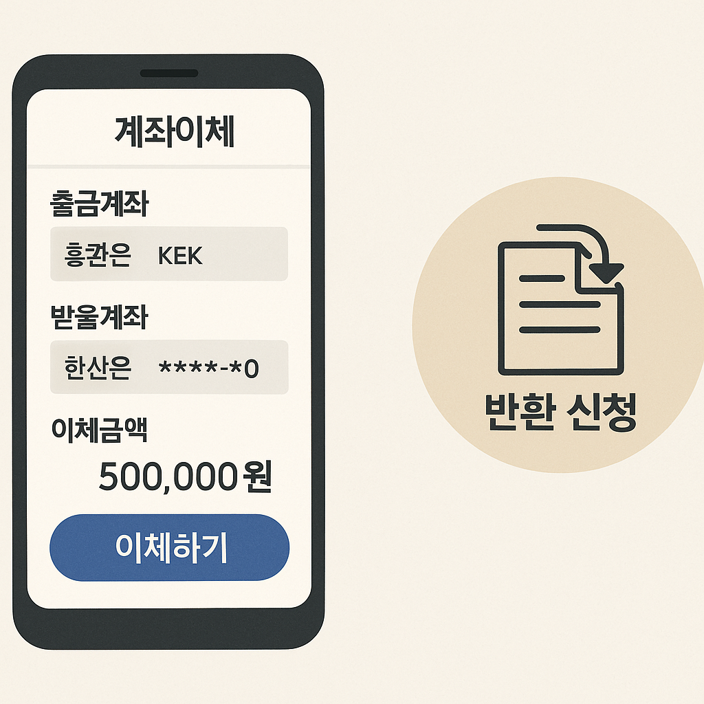 스마트폰 계좌이체 화면과 반환 신청 아이콘 