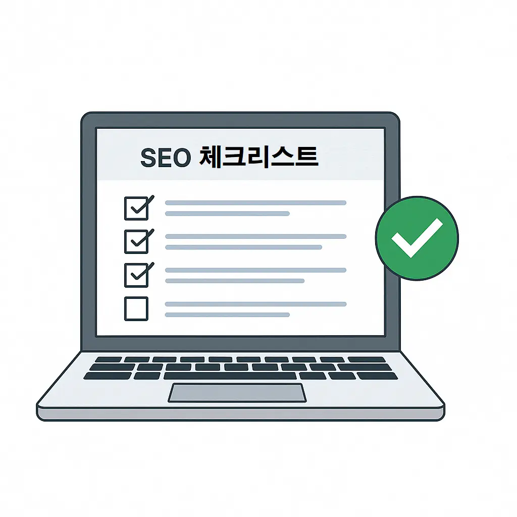 SEO 체크리스트 항목들이 노트북 화면에 표시되고, 옆에는 초록색 '작성 완료' 아이콘이 떠 있는 이미지. 실전 점검 과정을 시각화함.