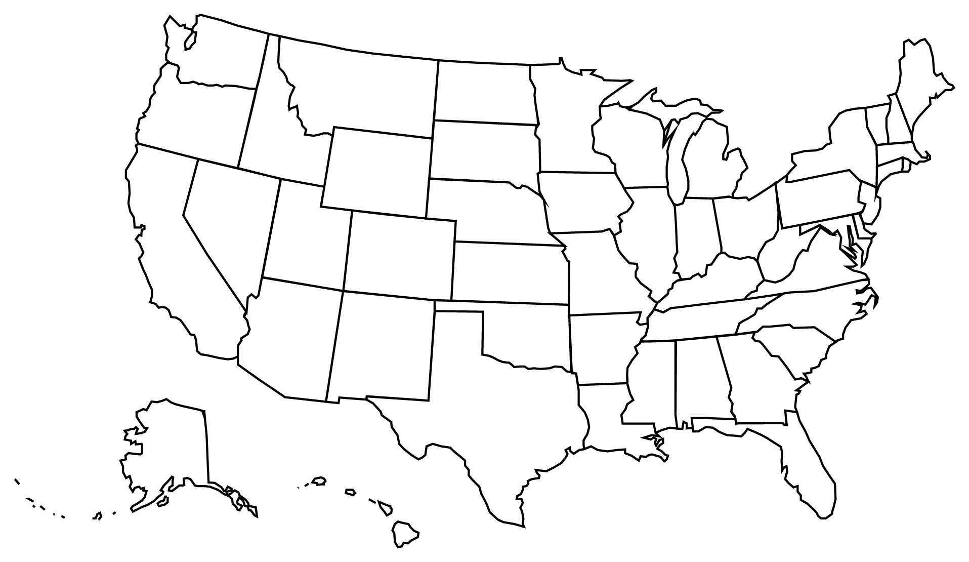 라인만 있어 각 주의 위치와 이름 공부하는데 활용할 수 있는 미국지도