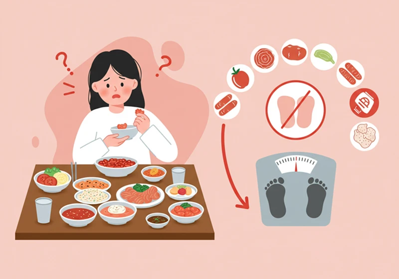 과식 폭식 체중감소 체중계 혼란 당황 이유없는체중감소 다이어트 당뇨 초기증상 플랫디자인 일러스트레이션 한국