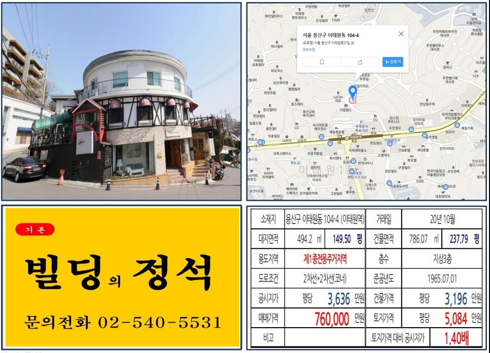  [용산구 이태원동 70억 올근생 꼬마빌딩 실거래가 조회] 이태원동 104-4 (이태원역) 76억 원, 평당 5,084만 원 매매되었습니다. 해밀턴호텔