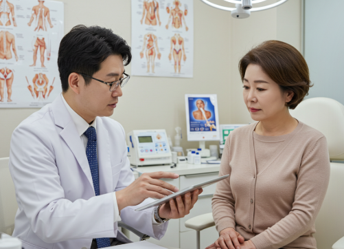 중년여성이 성형수술 상담을 받고있다