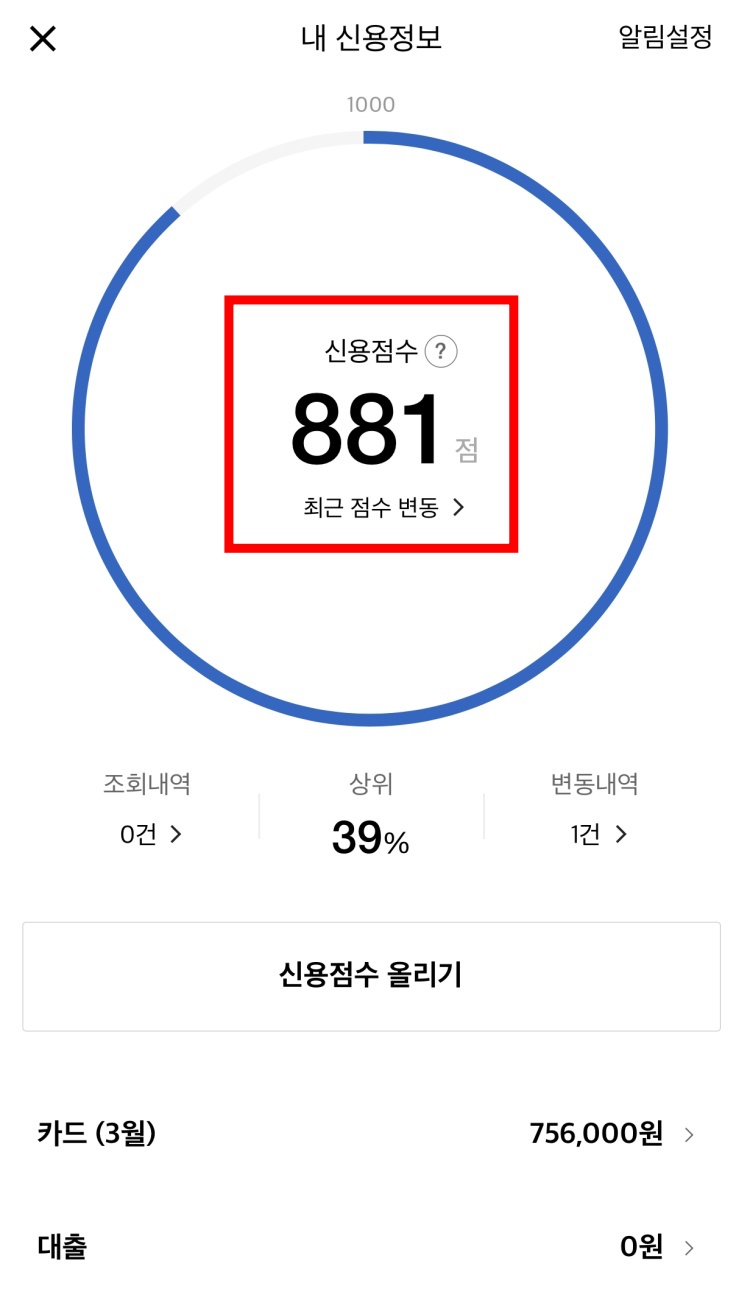 내 신용점수 확인결과 화면