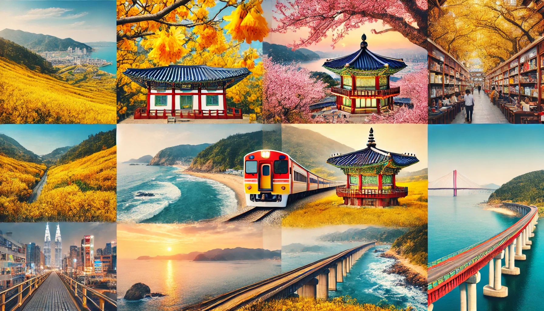 구례 산수유마을의 노란 산수유꽃, 부안 내소사의 벚꽃, 보령해저터널, 동해안의 아름다운 해안 풍경이 어우러진 당일치기 기차 여행 추천 코스 콜라주.