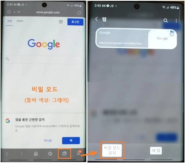 비밀 모드 해제