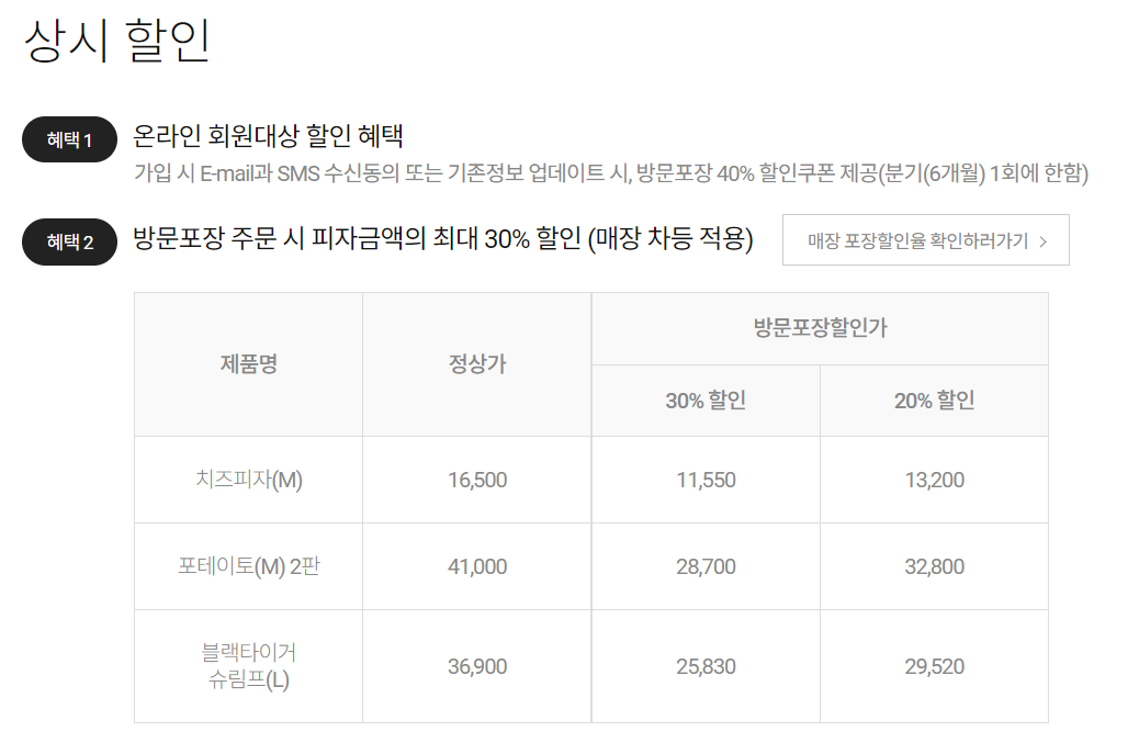 도미노 피자 상시할인 가격표