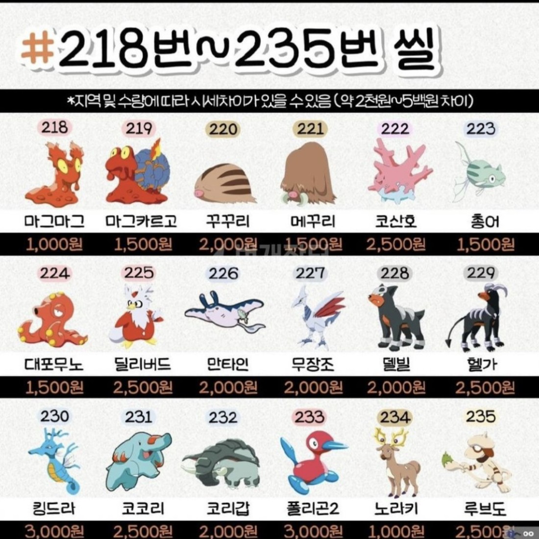 포켓몬 띠부씰 2세대 218번~235번