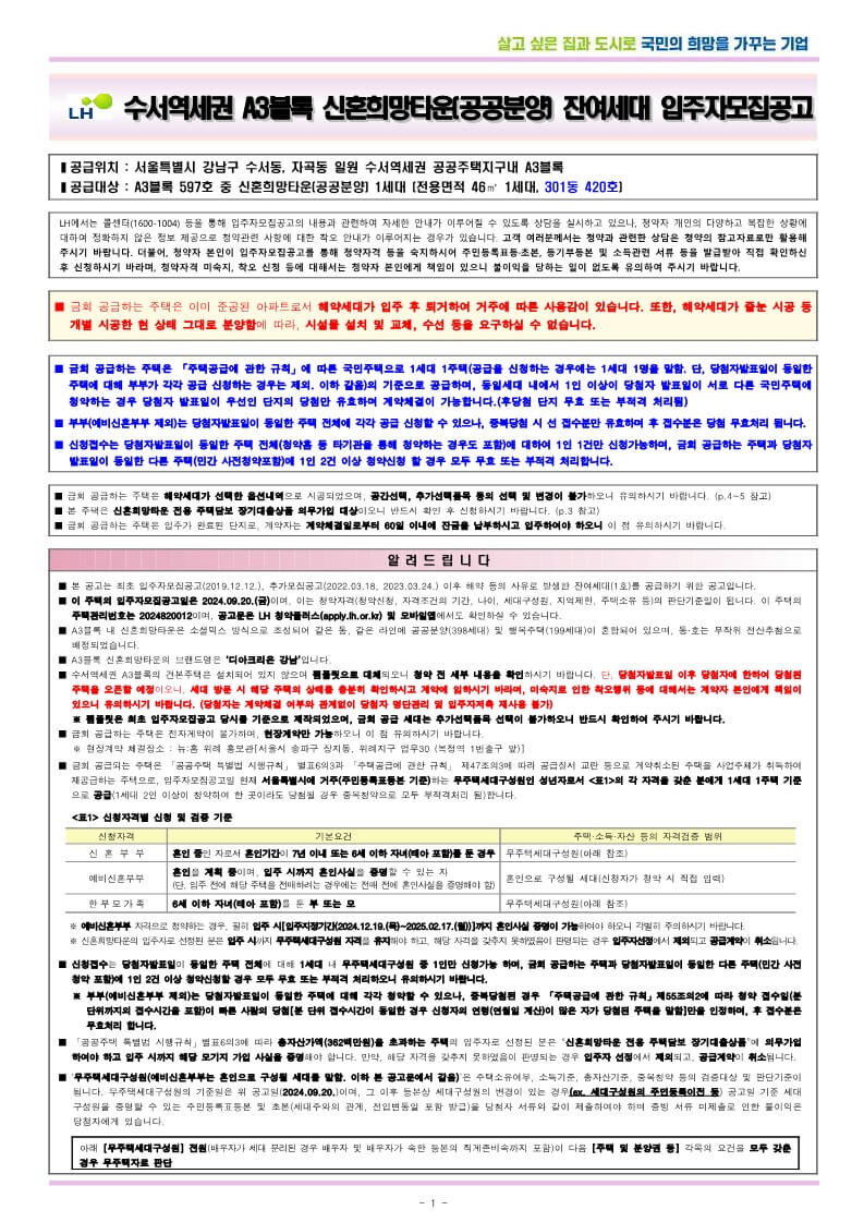 수서 A3 디아크리온 신혼희망타운 줍줍 강남 로또청약 경쟁률 (2024.10.02)